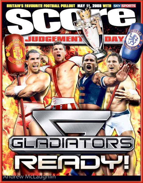 Score cover artwork created to illustrate the  'Judgement Day'  of the 2008 Premier league season. News of the World Sport.