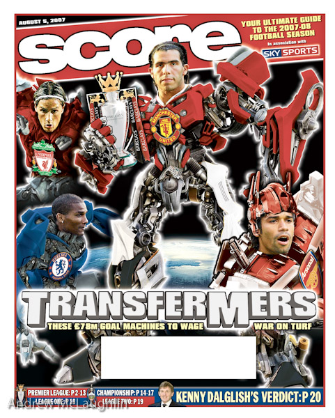 Score cover artwork created to illustrate the big new football signings of the 2007 Premier league season. News of the World Sport.